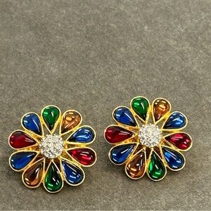 Multicoloured rainbow teardrop flower shaped cubic zirconia clip on earrings